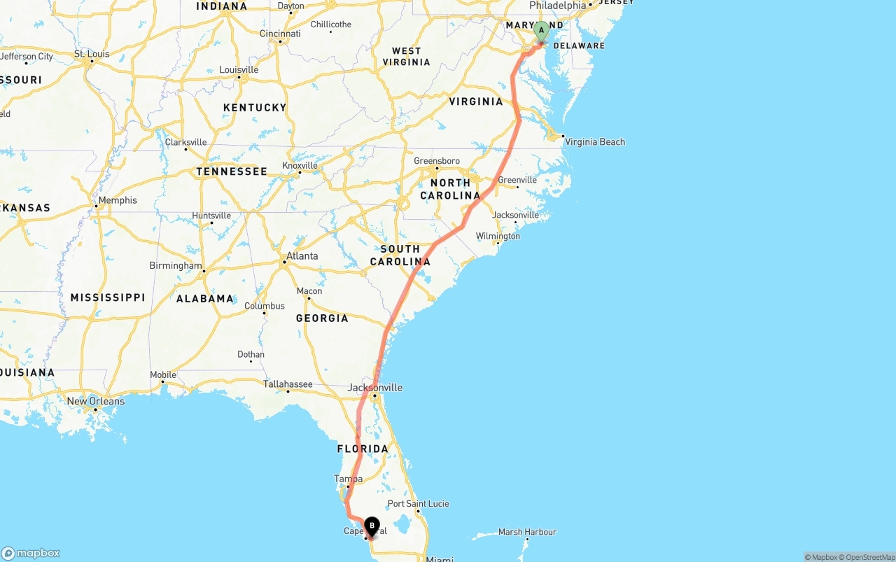 Shipping route from Maryland to Southwest Florida International Airport