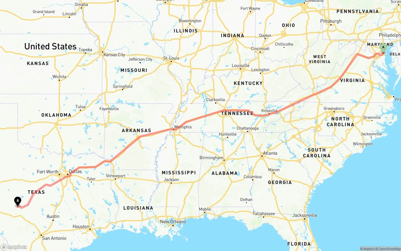 Shipping route from Maryland to Texas