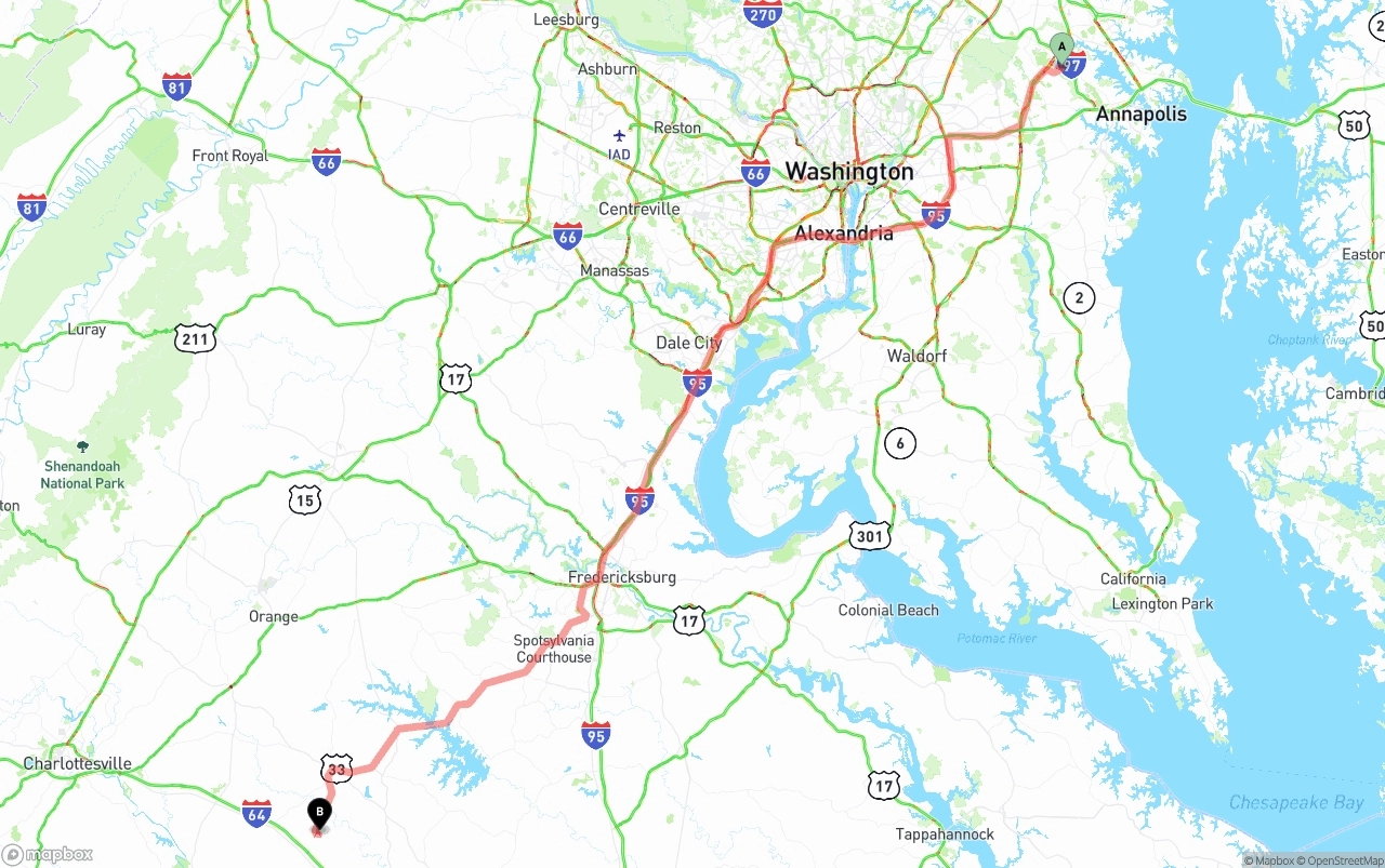 Shipping route from Maryland to Virginia