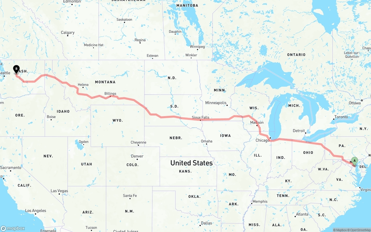 Shipping route from Maryland to Washington