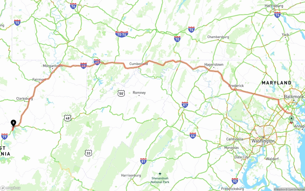 Shipping route from Maryland to West Virginia