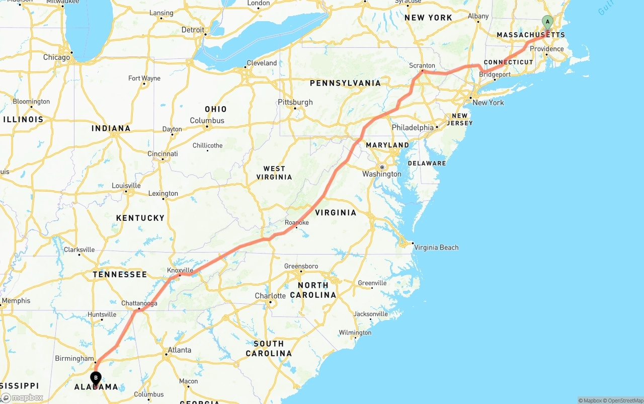 Shipping route from Massachusetts to Alabama
