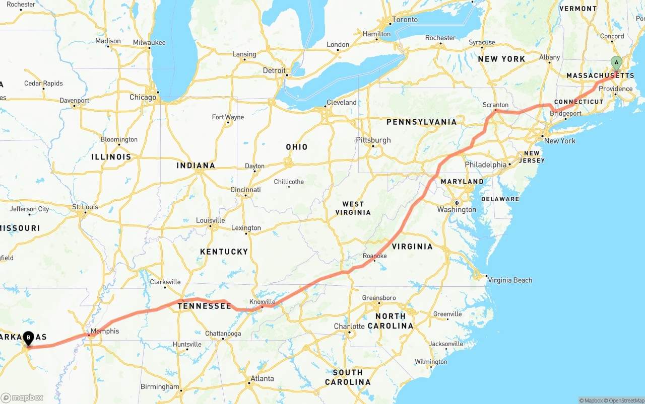 Shipping route from Massachusetts to Arkansas