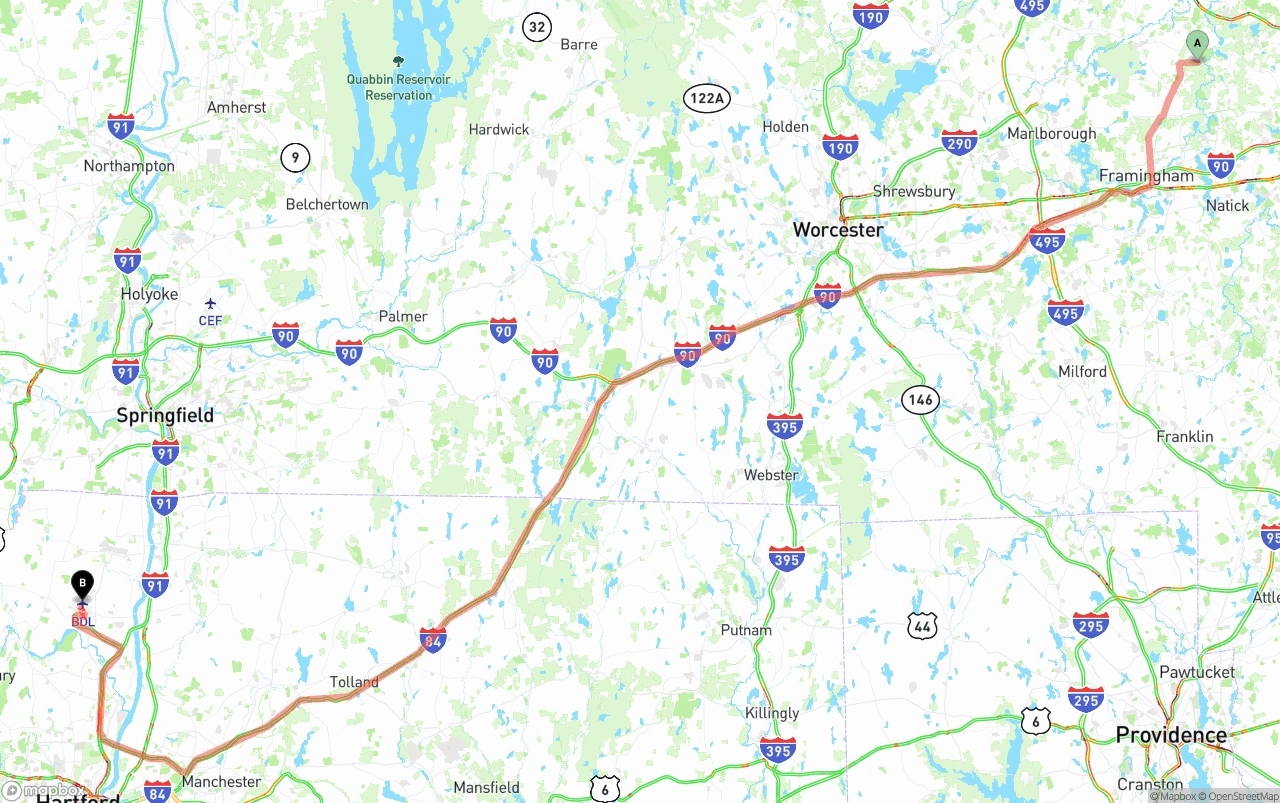 Shipping route from Massachusetts to Bradley International Airport
