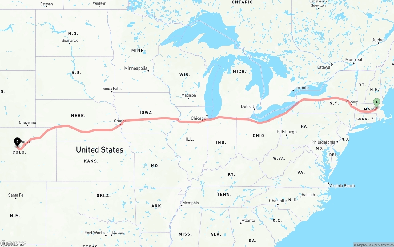 Shipping route from Massachusetts to Colorado