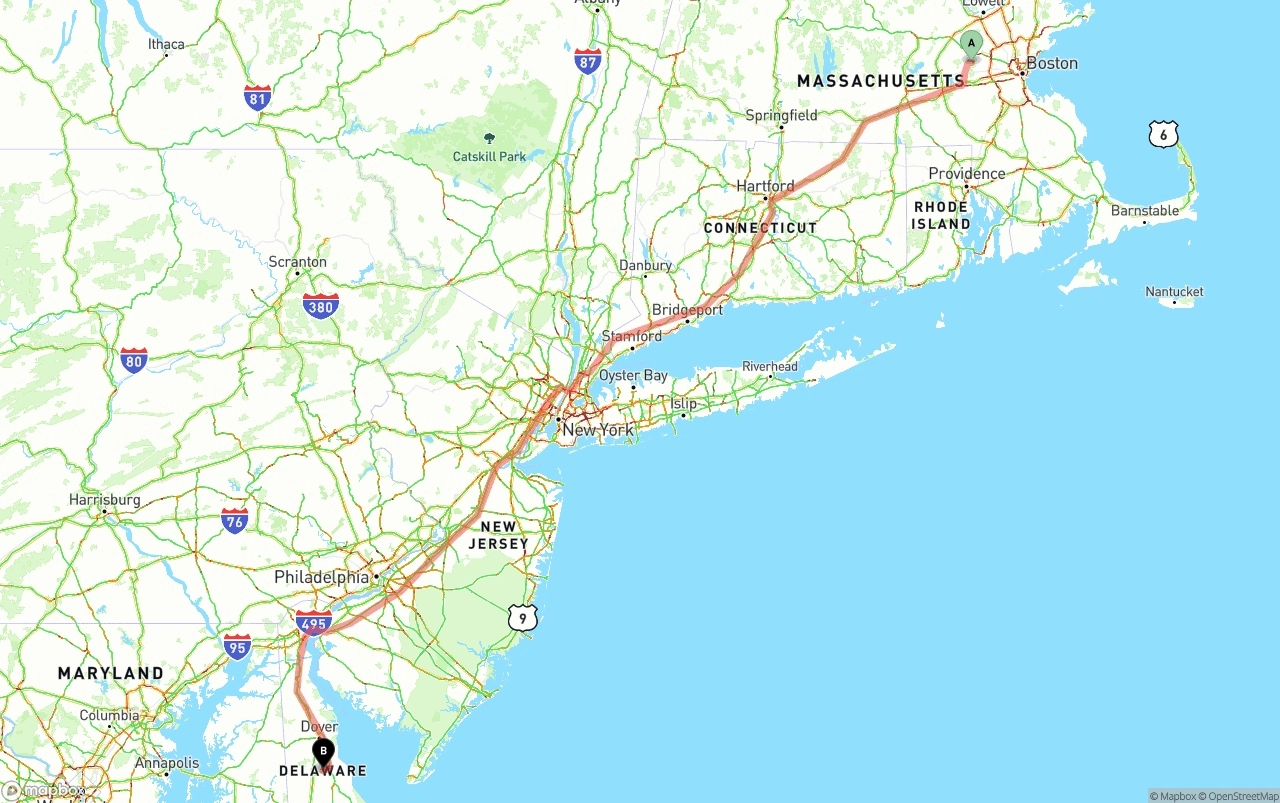 Shipping route from Massachusetts to Delaware