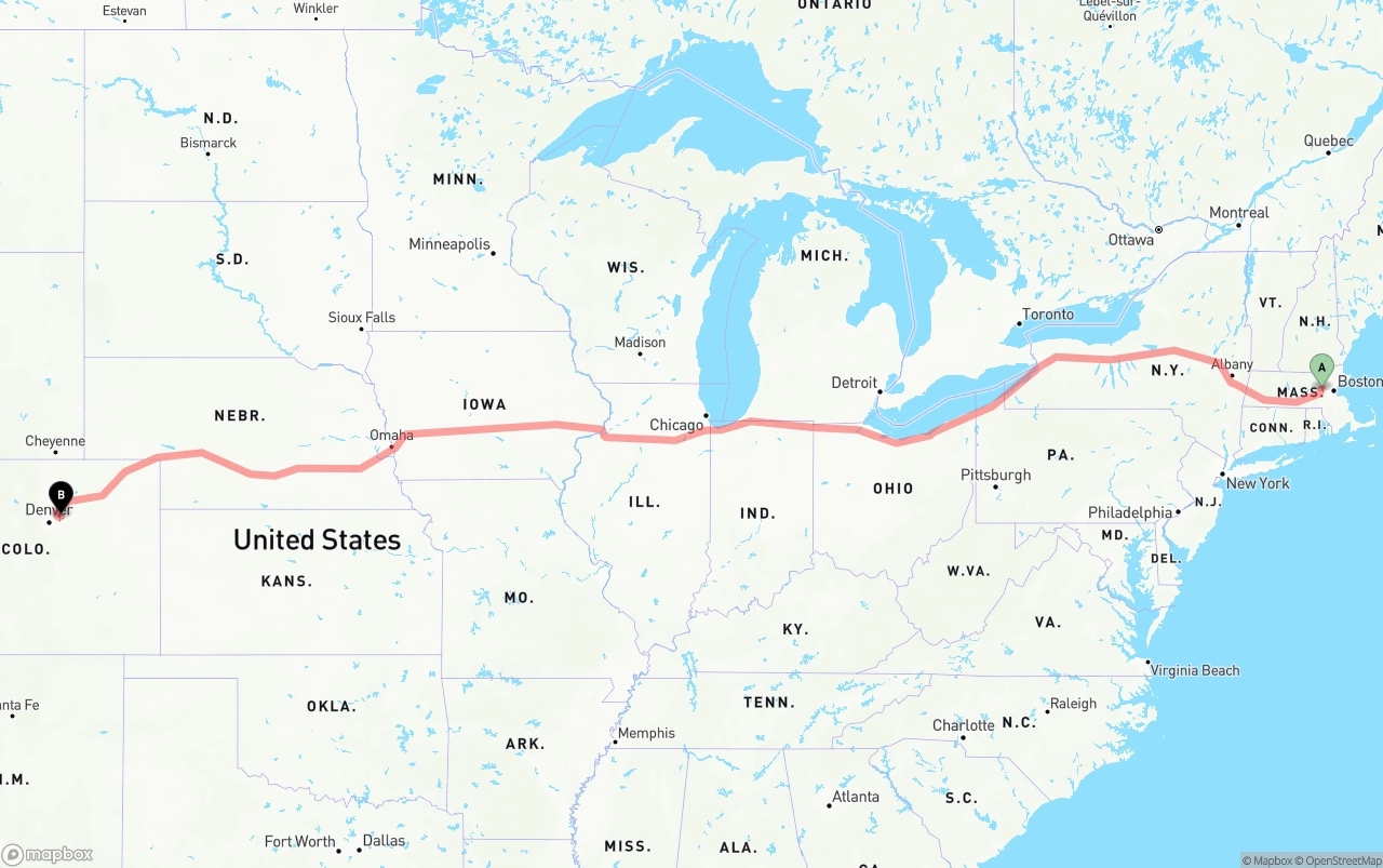Shipping route from Massachusetts to Denver International Airport