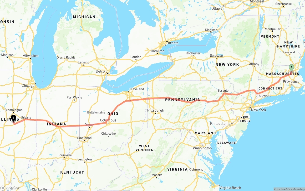 Shipping route from Massachusetts to Illinois