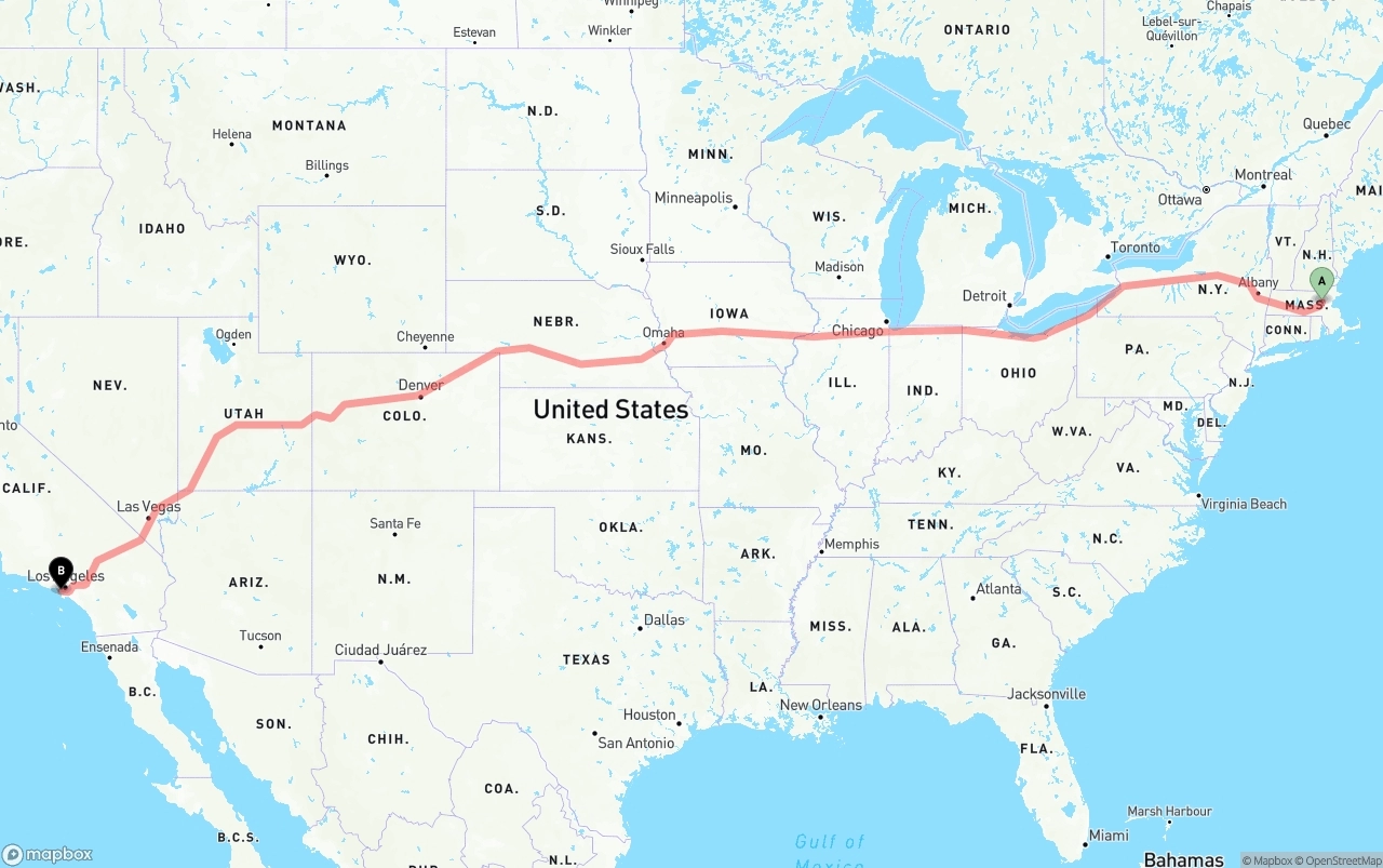 Shipping route from Massachusetts to Los Angeles International Airport