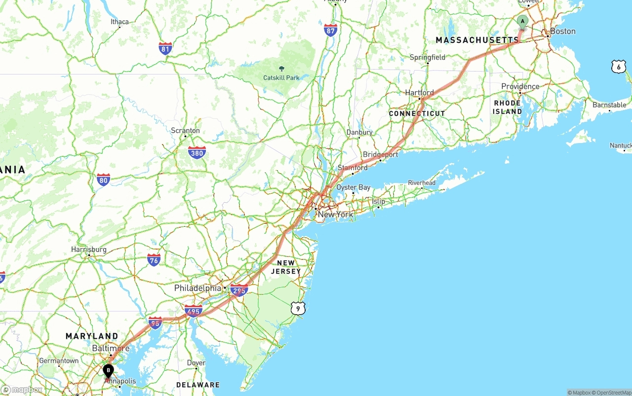 Shipping route from Massachusetts to Maryland