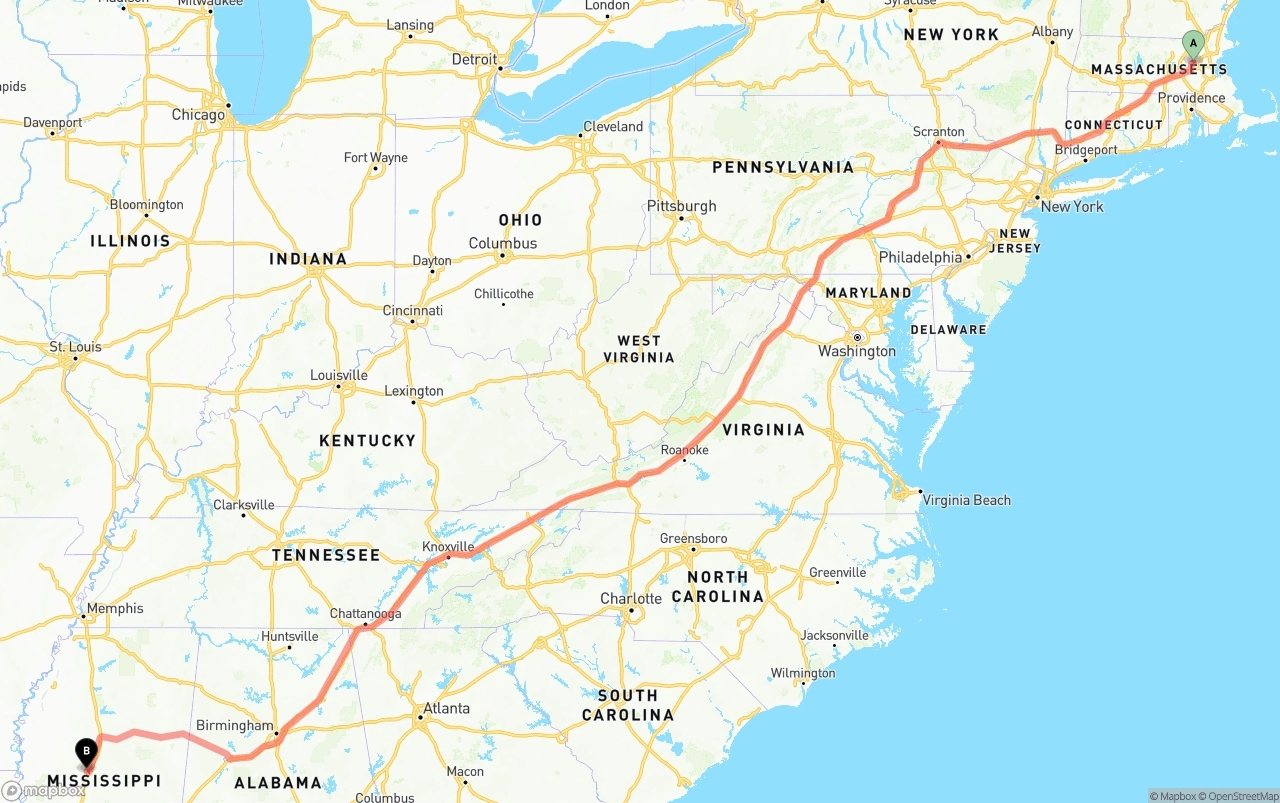 Shipping route from Massachusetts to Mississippi