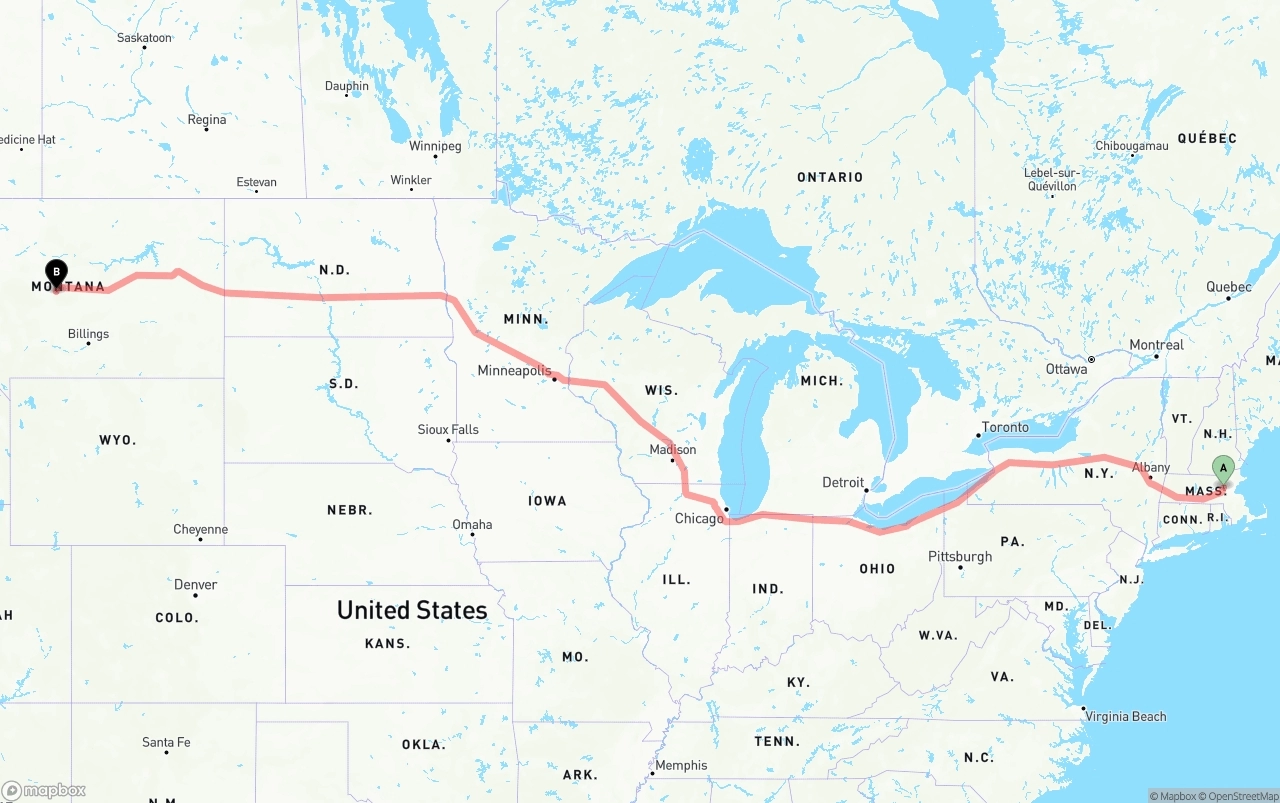 Shipping route from Massachusetts to Montana