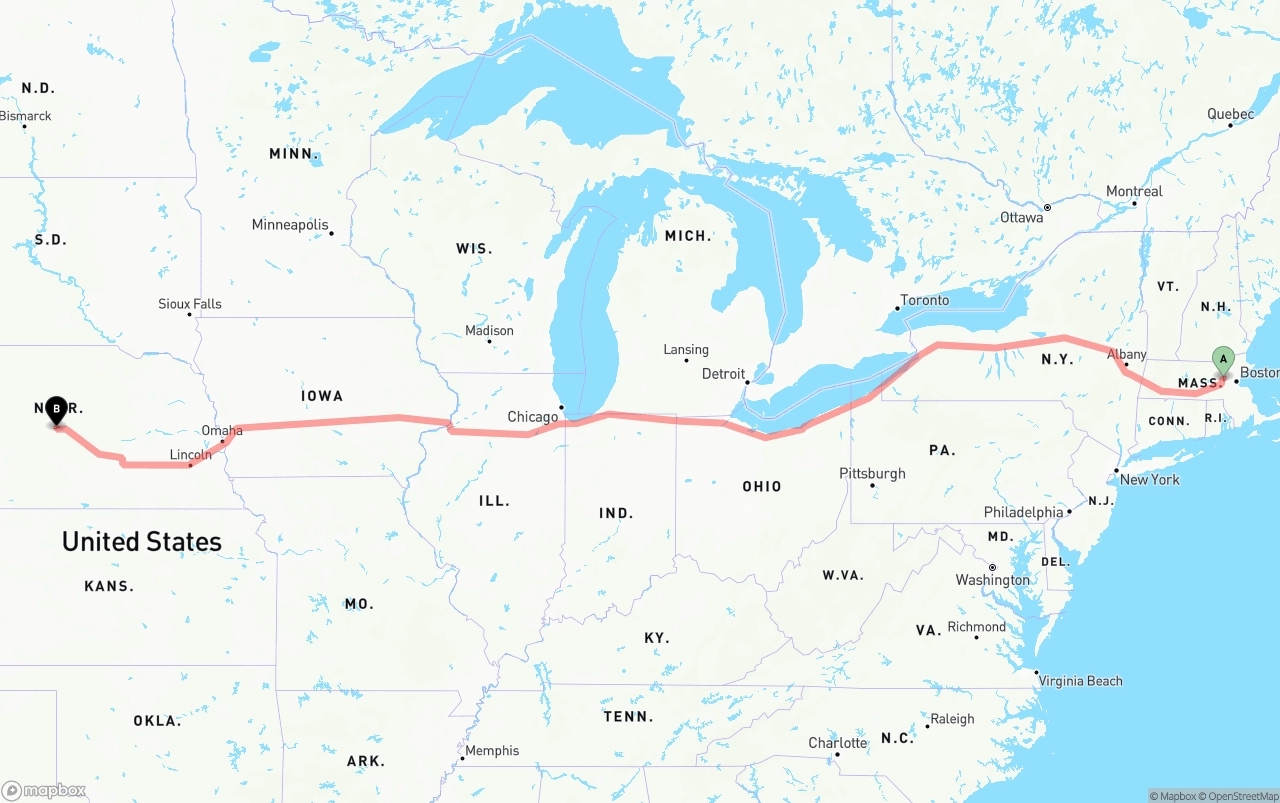 Shipping route from Massachusetts to Nebraska