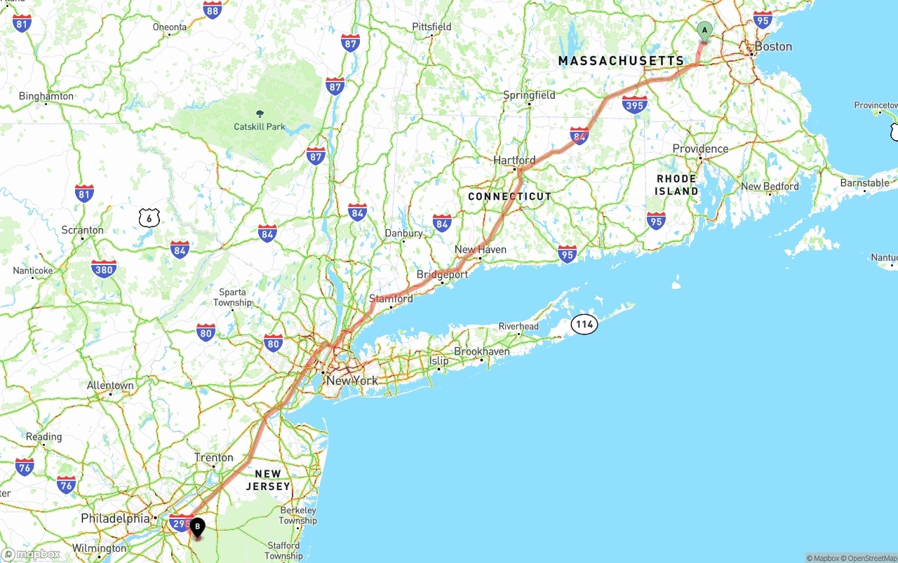 Shipping route from Massachusetts to New Jersey