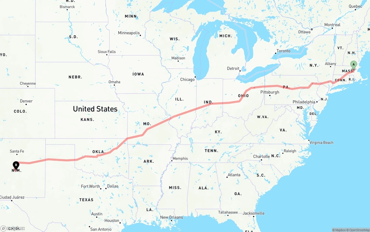 Shipping route from Massachusetts to New Mexico