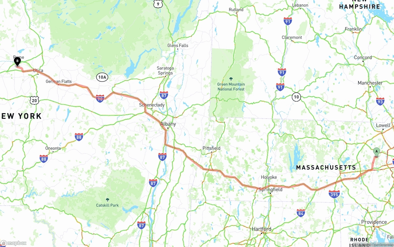Shipping route from Massachusetts to New York