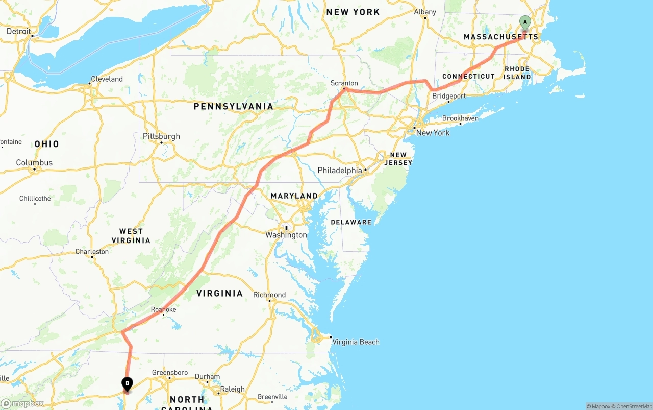 Shipping route from Massachusetts to North Carolina