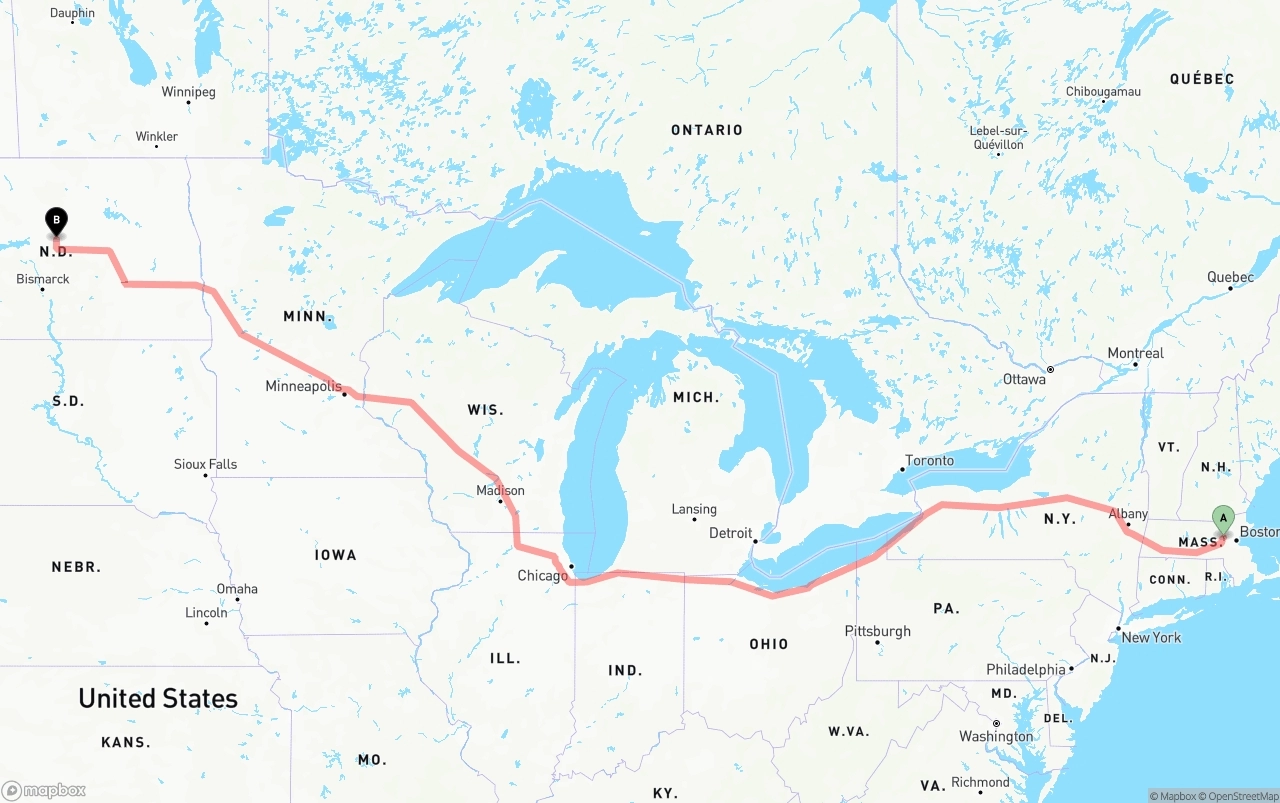 Shipping route from Massachusetts to North Dakota