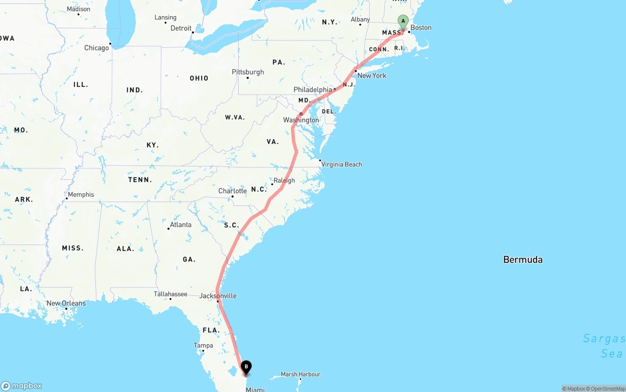 Shipping route from Massachusetts to Palm Beach International Airport
