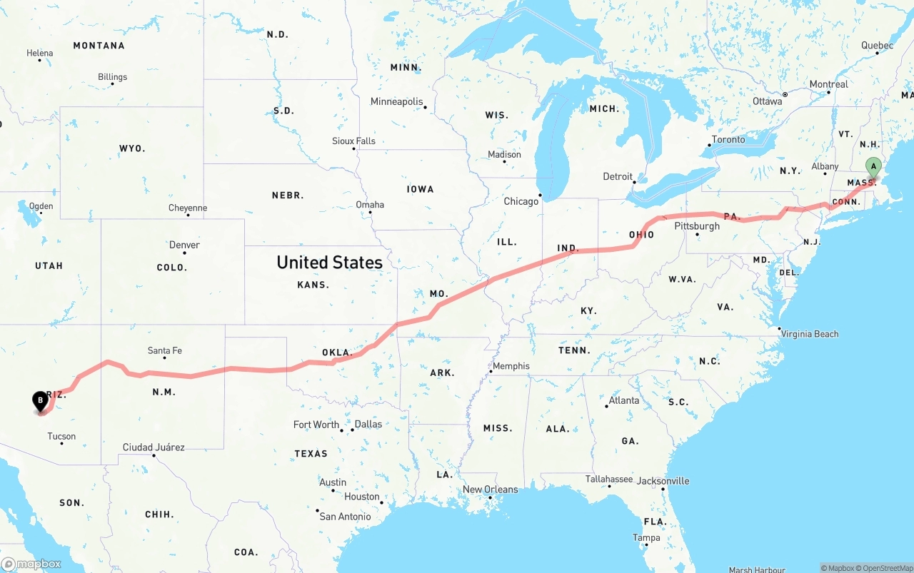 Shipping route from Massachusetts to Phoenix Sky Harbor International Airport