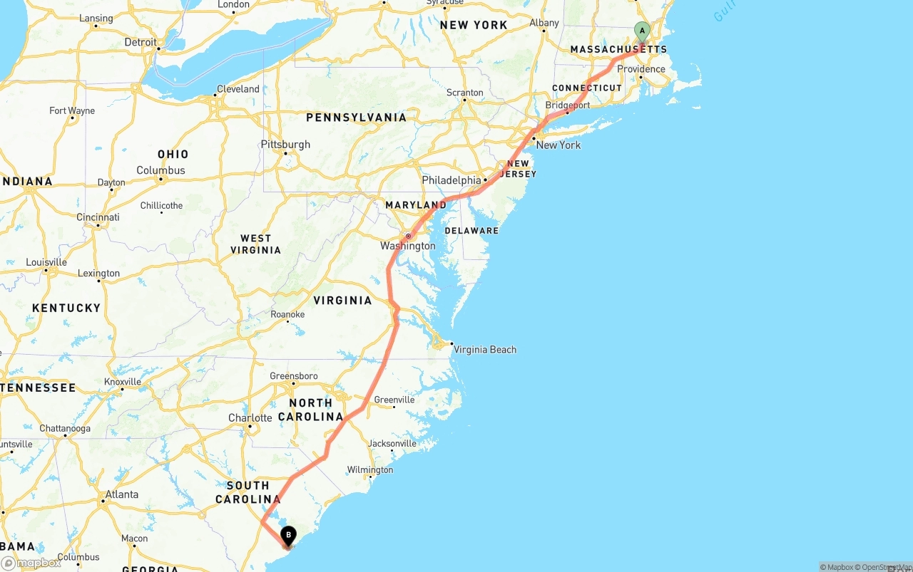 Shipping route from Massachusetts to Port of Charleston