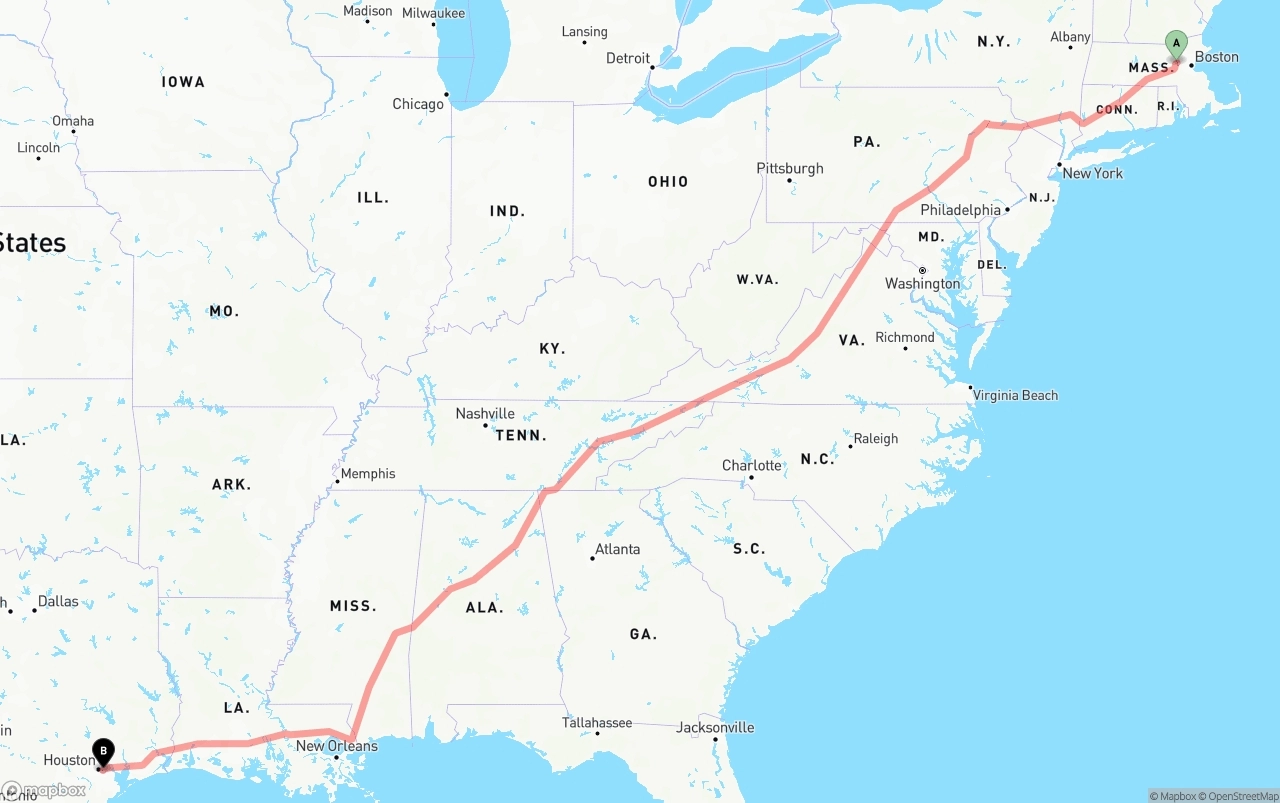 Shipping route from Massachusetts to Port of Houston