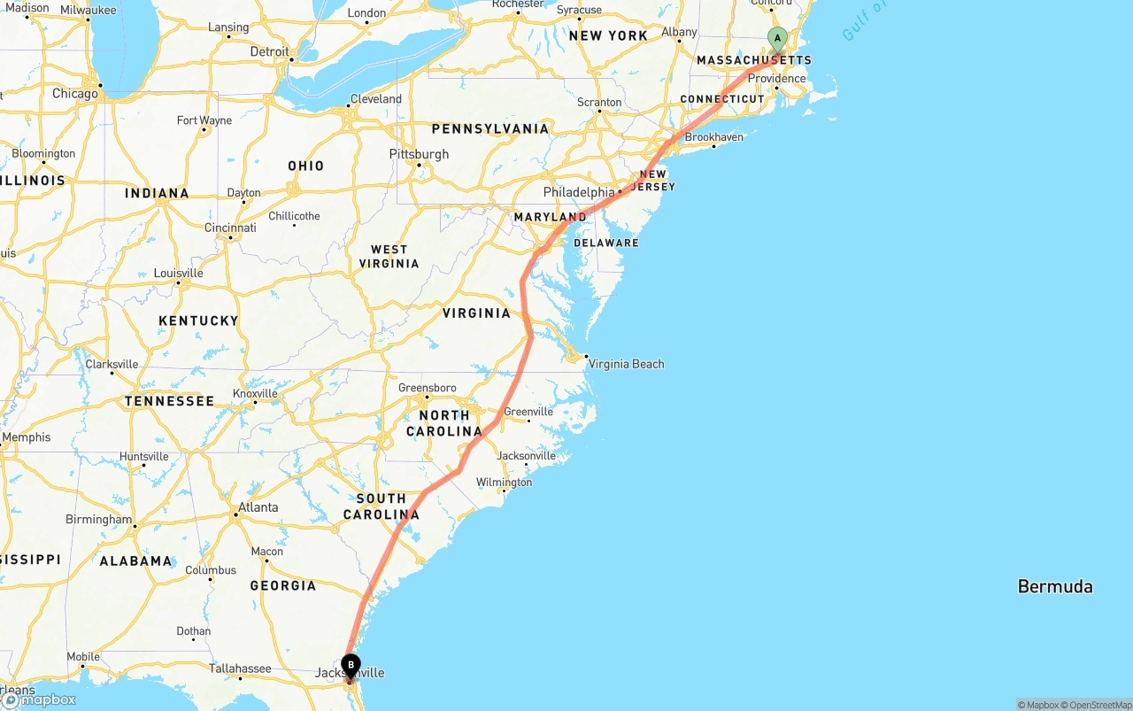 Shipping route from Massachusetts to Port of Jacksonville