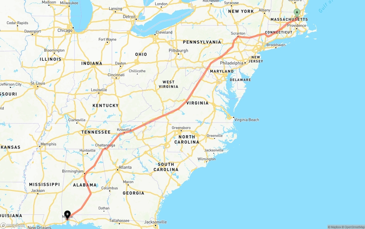 Shipping route from Massachusetts to Port of Mobile