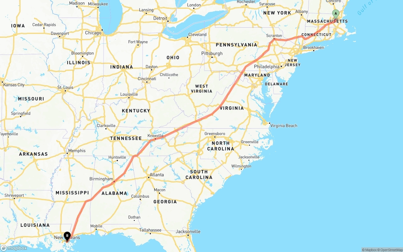 Shipping route from Massachusetts to Port of New Orleans