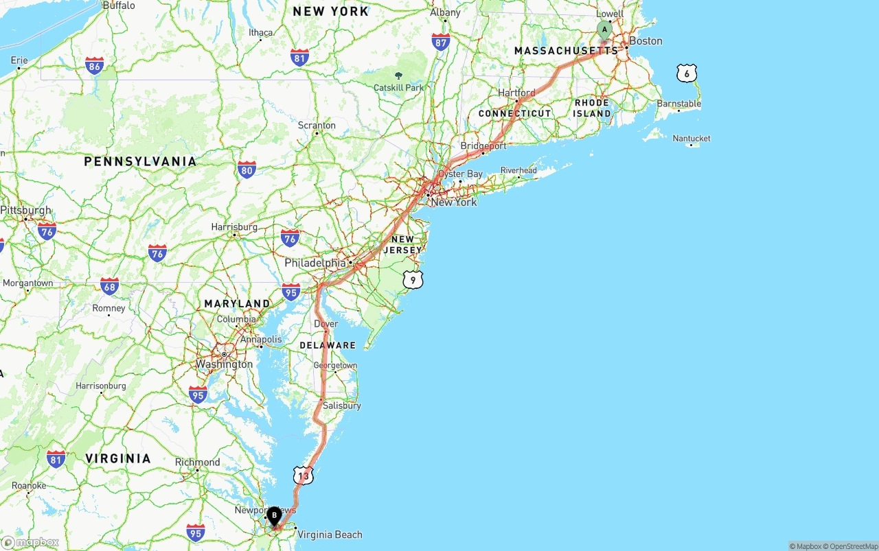 Shipping route from Massachusetts to Port of Norfolk