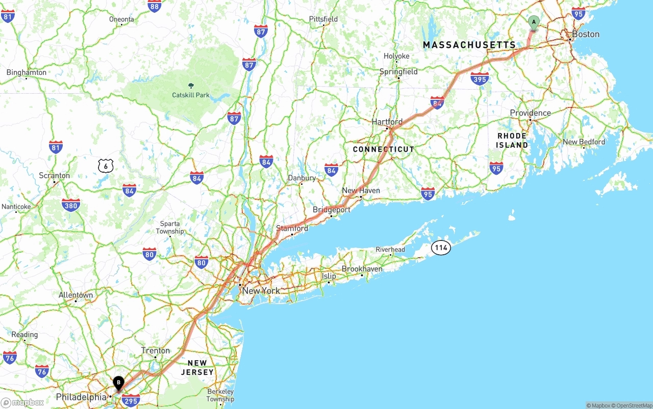 Shipping route from Massachusetts to Port of Philadelphia