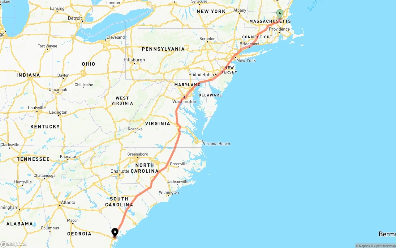 Shipping route from Massachusetts to Port of Savannah
