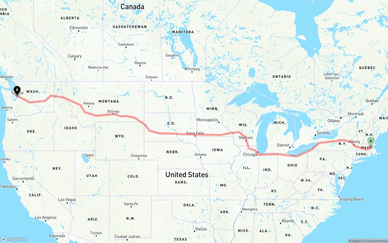 Shipping route from Massachusetts to Port of Seattle