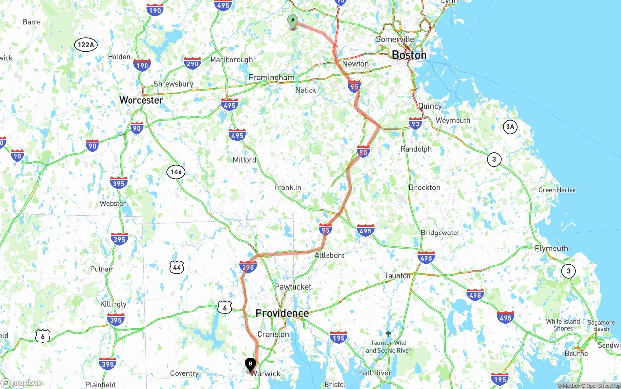 Shipping route from Massachusetts to Rhode Island