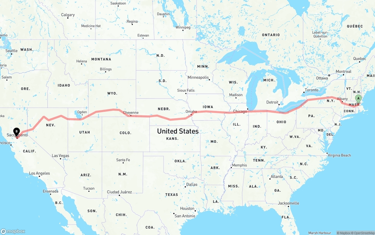 Shipping route from Massachusetts to Sacramento International Airport