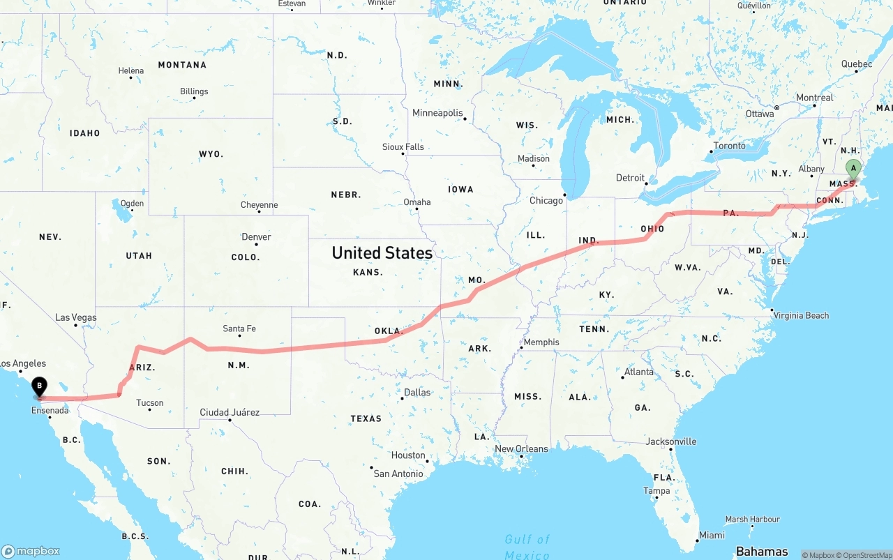 Shipping route from Massachusetts to San Diego International Airport