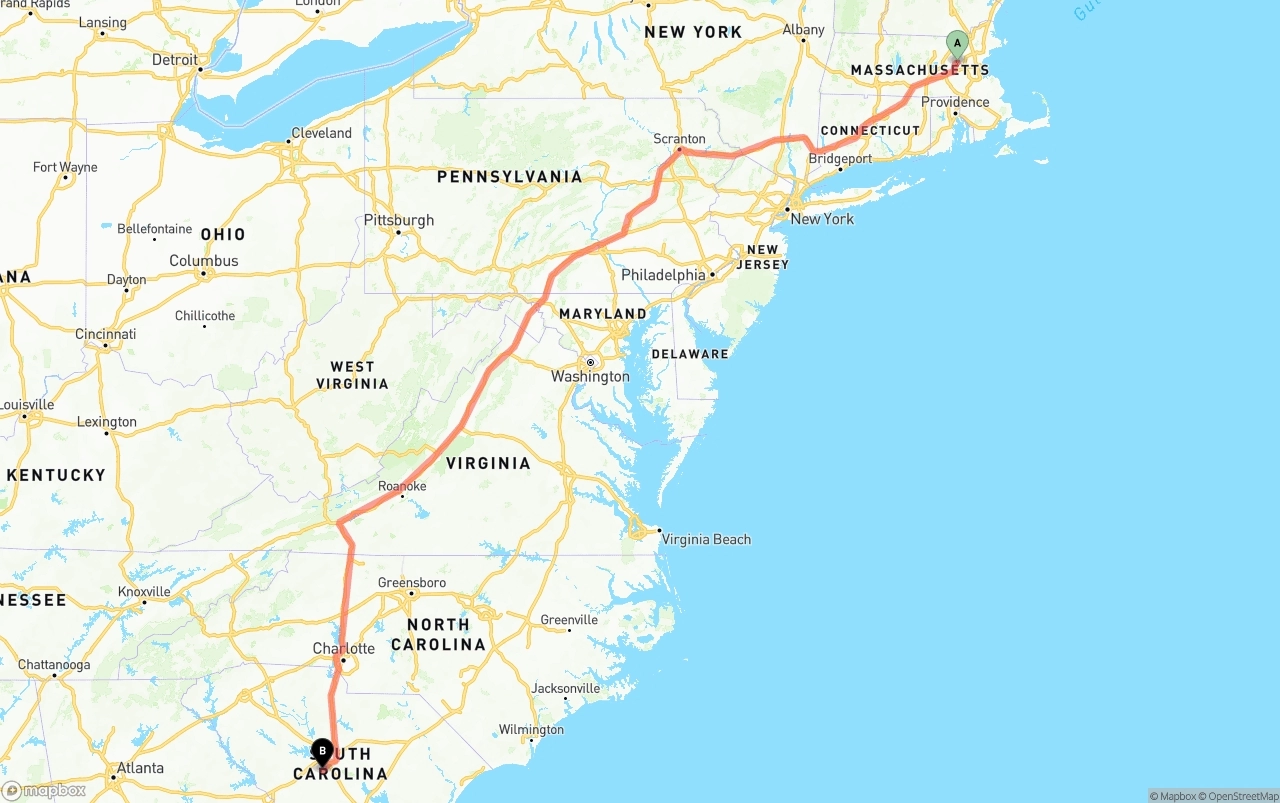 Shipping route from Massachusetts to South Carolina