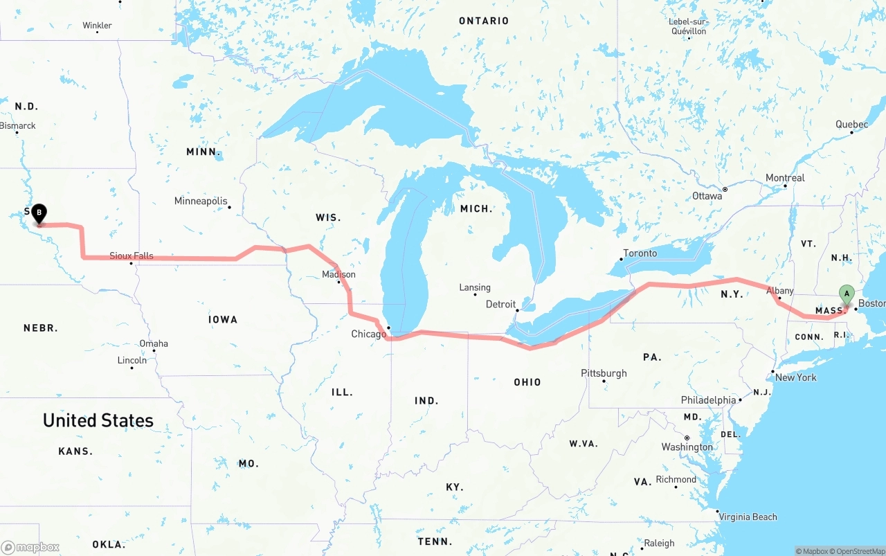 Shipping route from Massachusetts to South Dakota