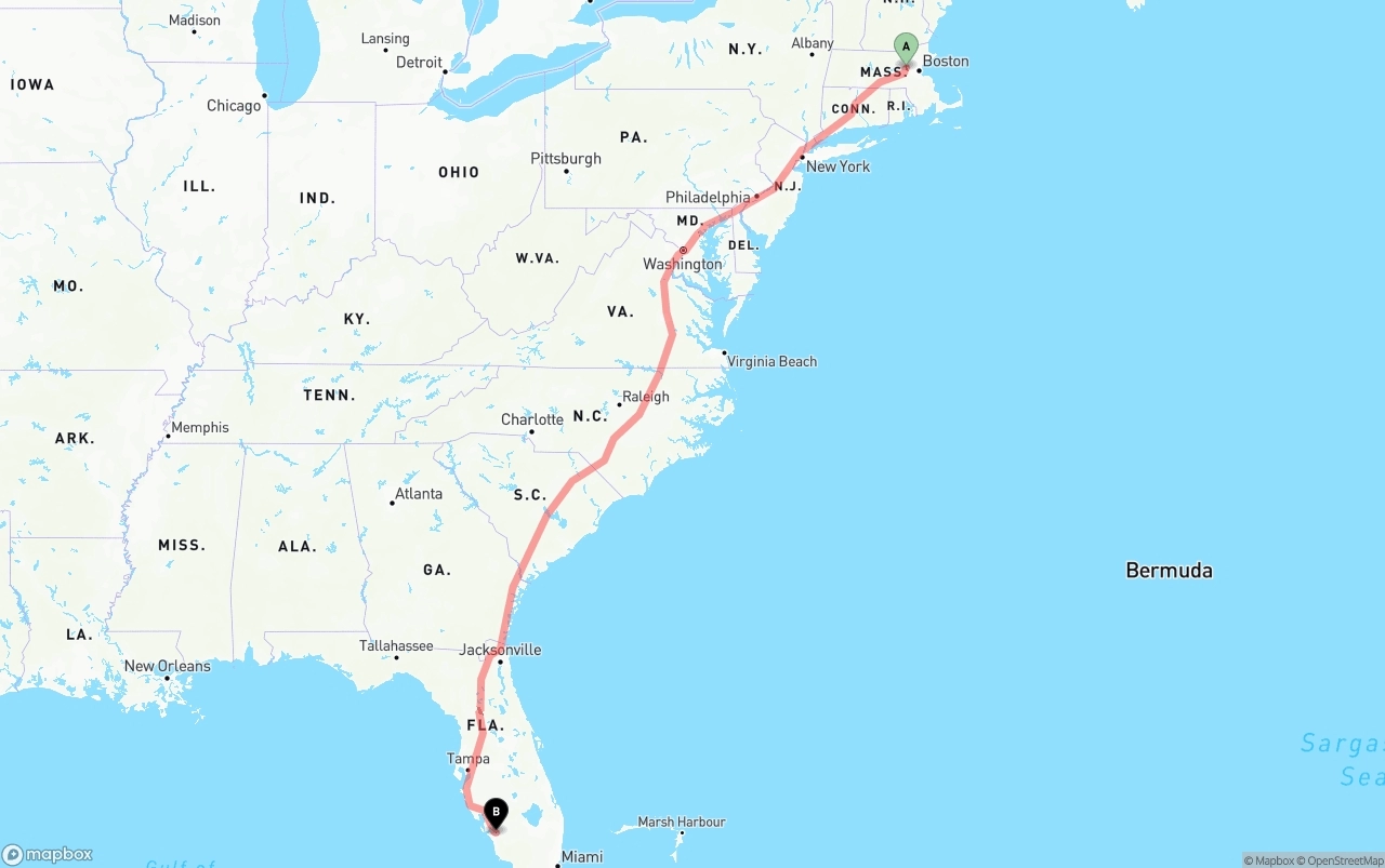 Shipping route from Massachusetts to Southwest Florida International Airport