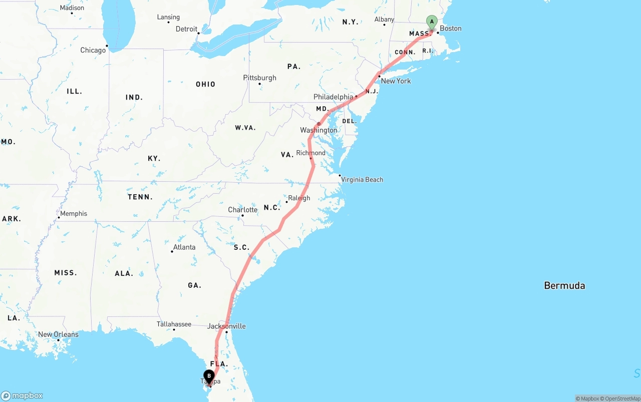Shipping route from Massachusetts to Tampa International Airport