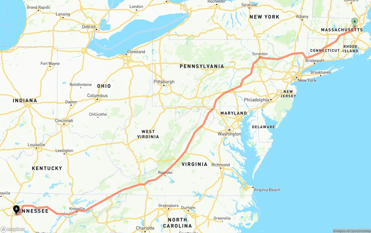 Shipping route from Massachusetts to Tennessee