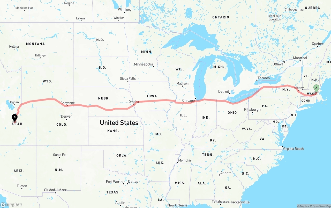 Shipping route from Massachusetts to Utah
