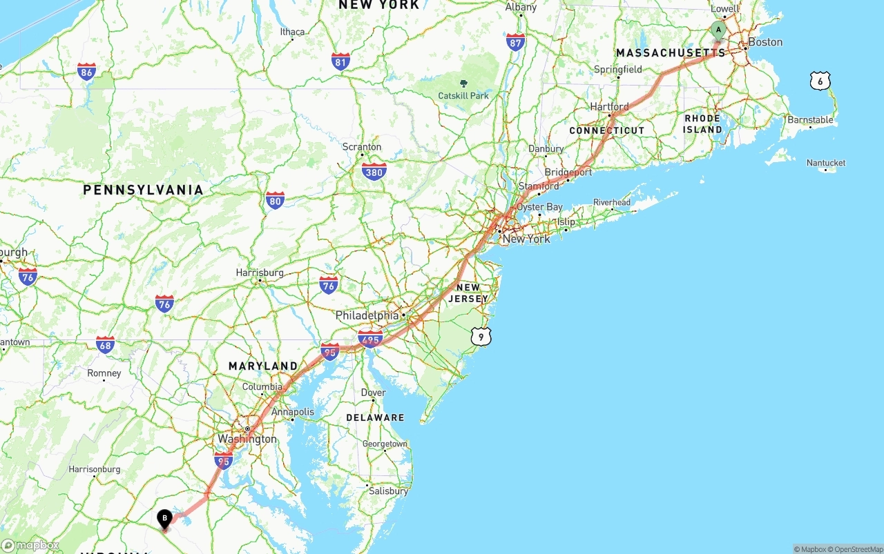 Shipping route from Massachusetts to Virginia