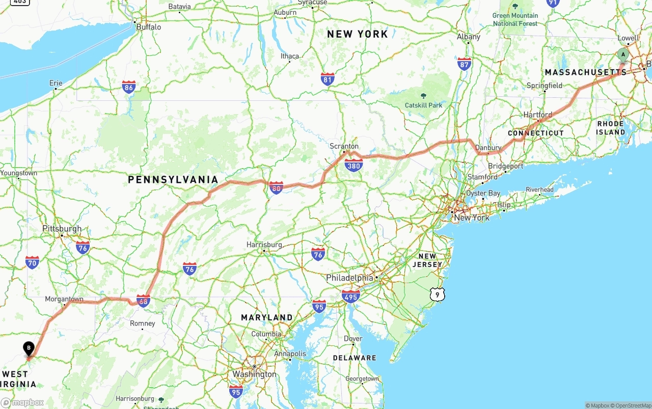 Shipping route from Massachusetts to West Virginia