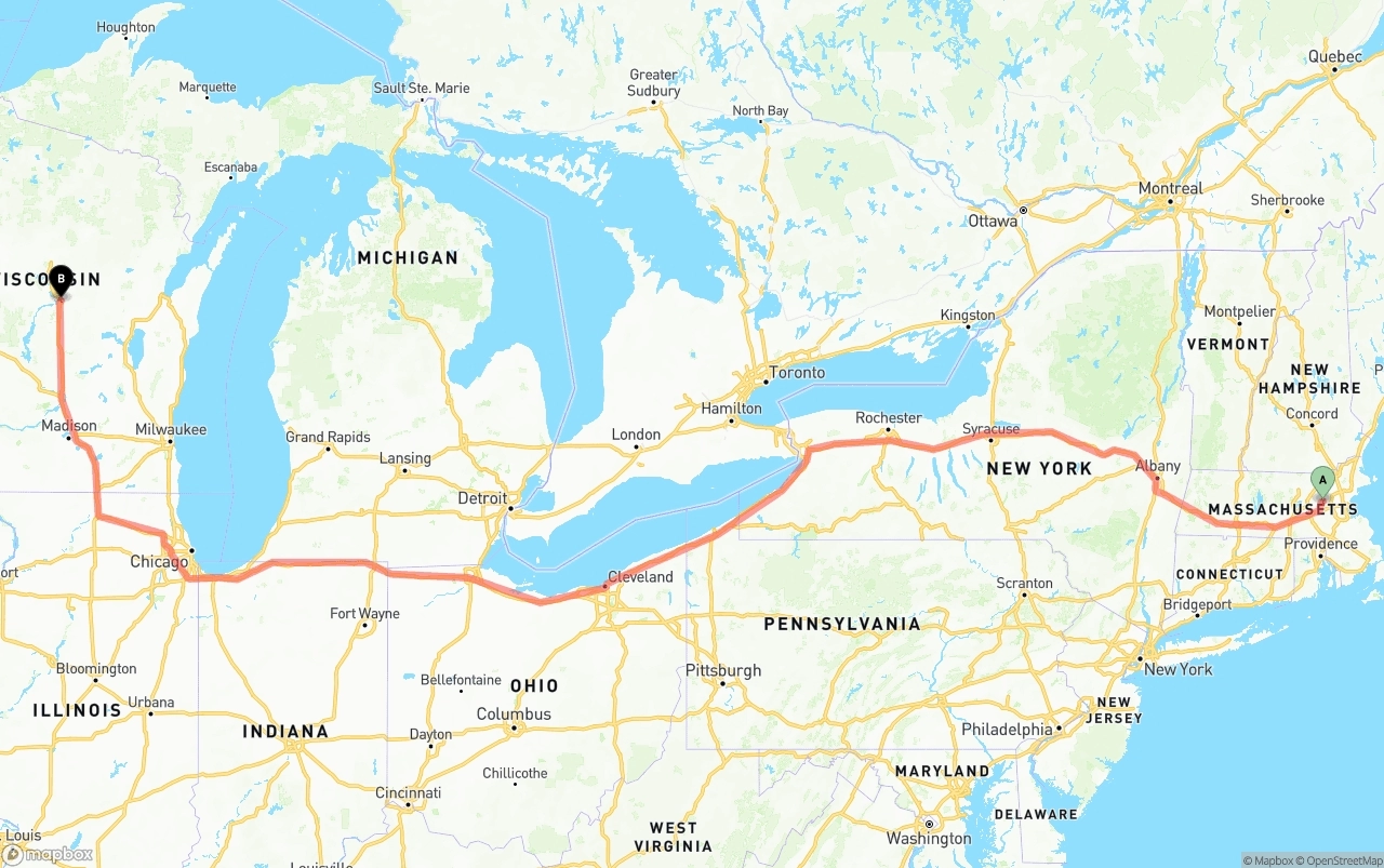 Shipping route from Massachusetts to Wisconsin