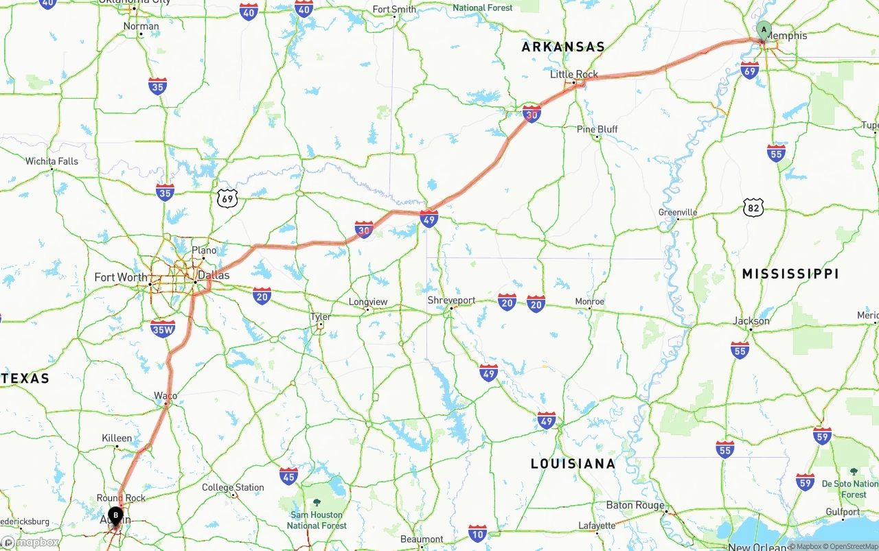 Shipping route from Memphis to Austin