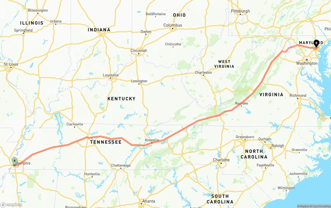 Shipping route from Memphis to Baltimore