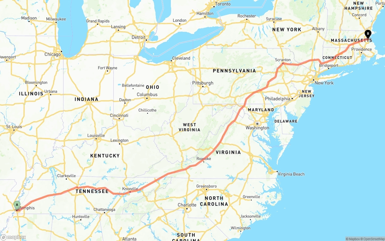 Shipping route from Memphis to Boston
