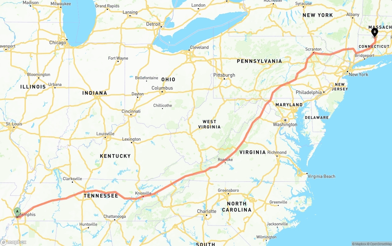 Shipping route from Memphis to Bradley International Airport