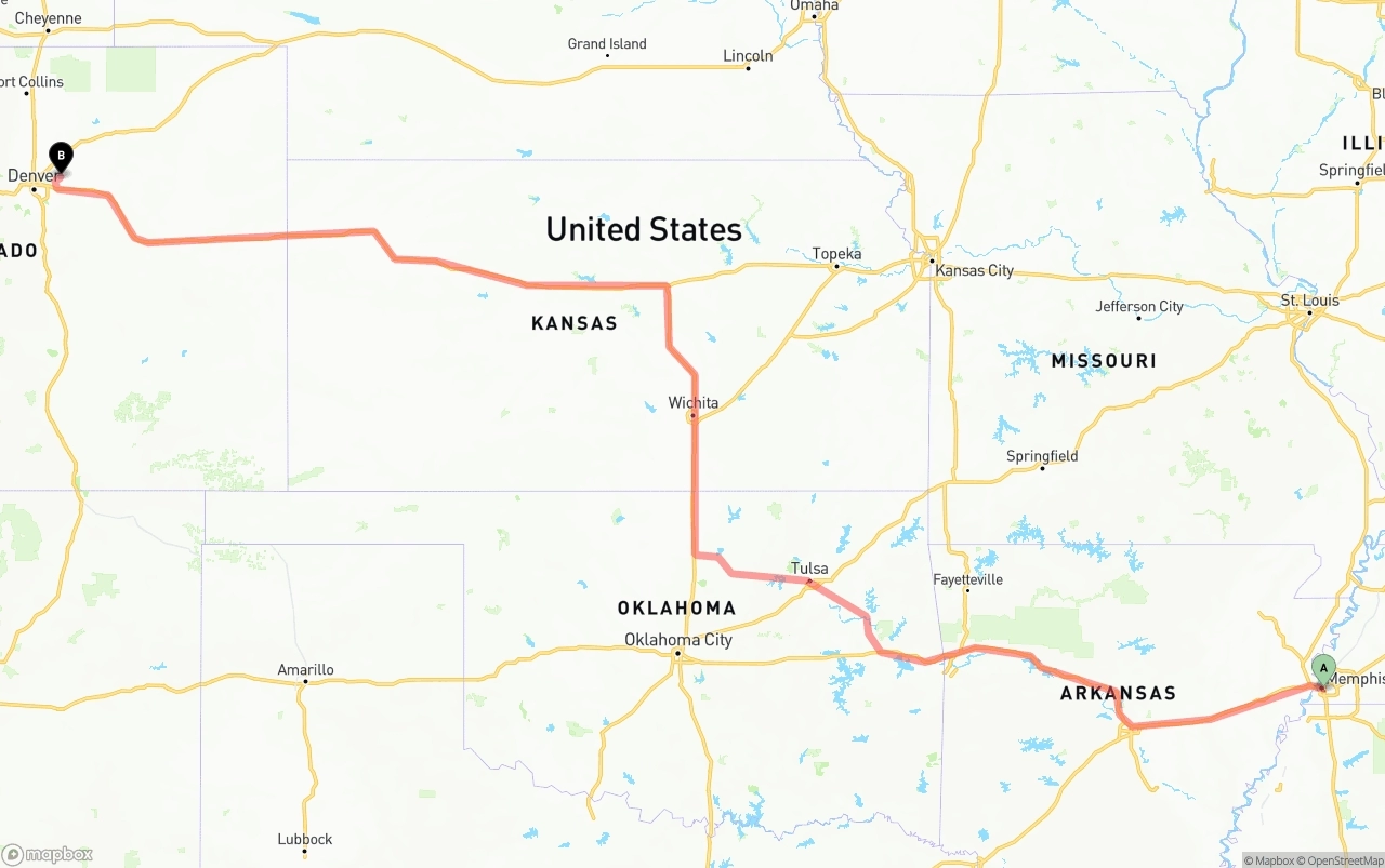 Shipping route from Memphis to Denver International Airport